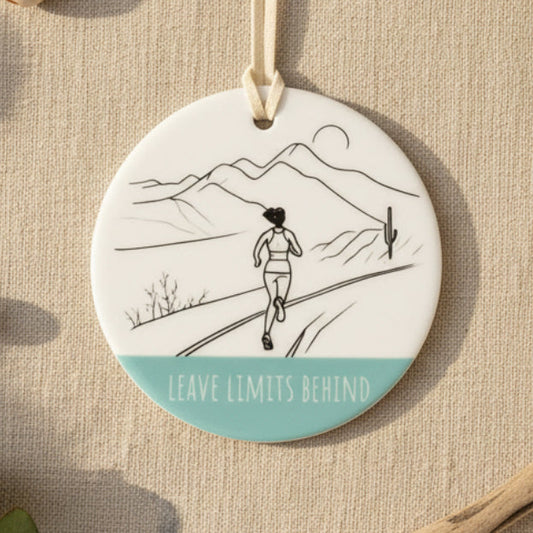 Leave Limits Behind Ceramic Hanging Ornament – Line Art Female Runner Outdoors | Boho Active Lifestyle Décor