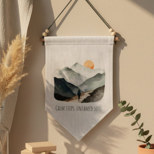Calm Steps Untamed Soul Quote Linen Wall Hanging with Watercolour Mountains and Sunset – Boho Home Décor Adventure Wall Art