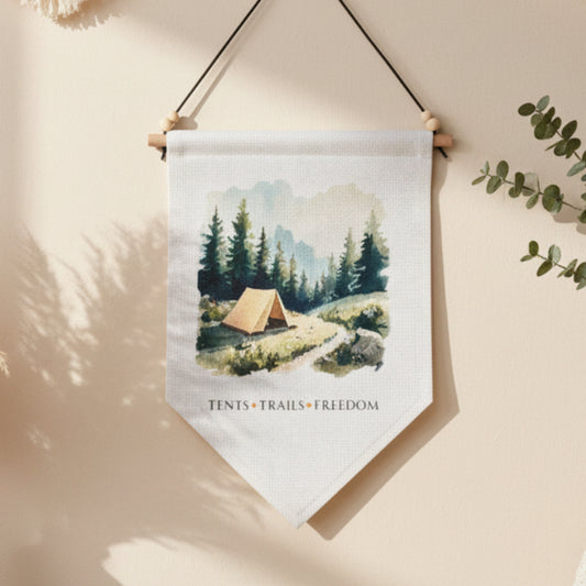 Tents, Trails, Freedom Quote Linen Wall Hanging with Watercolour Tent Design – Boho Home Décor Camping & Adventure Wall Art