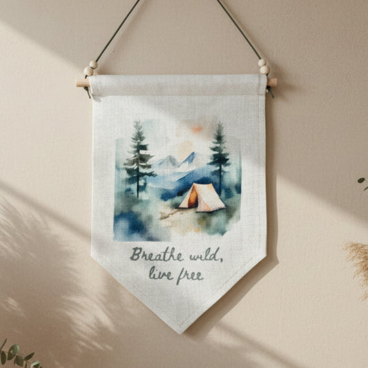 Breathe Wild, Live Free Quote Linen Wall Hanging with Watercolour Forest and Mountains – Boho Home Décor Camping Wall Art