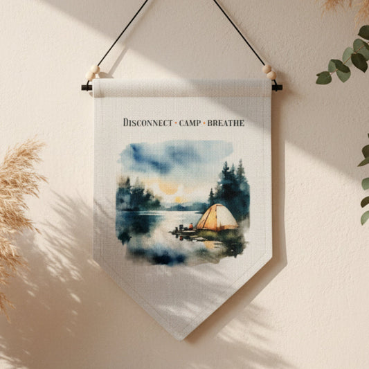 Disconnect Camp Breathe Quote Linen Wall Hanging with Watercolour Camping Design – Rustic Boho Home Décor Wall Art