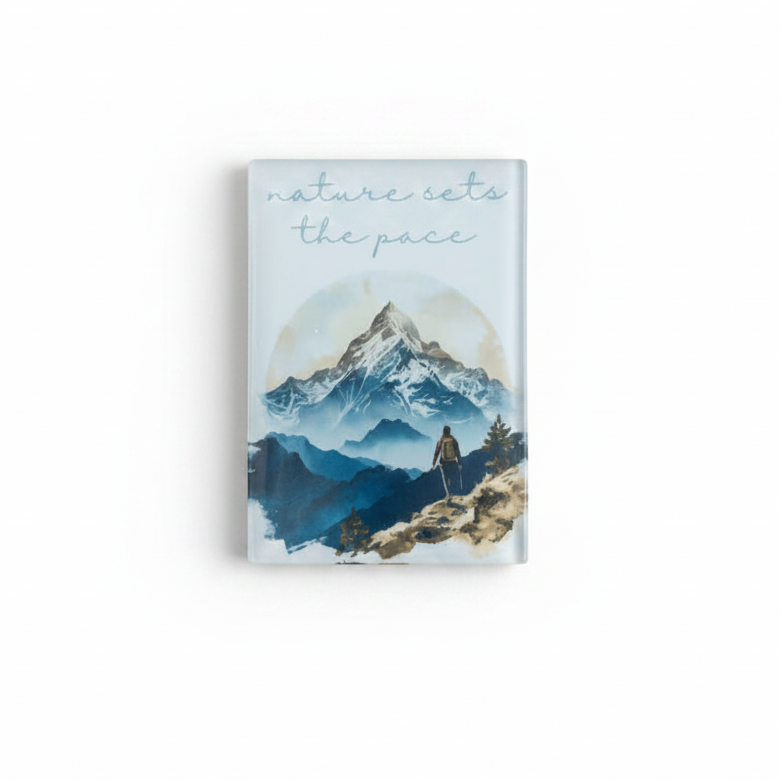 Nature Sets The Pace Glass Magnet – Rugged Mountain Hiking Design