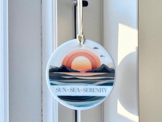 Sun Sea Serenity Ceramic Hanging Ornament – Sunset Sea Design | Boho Coastal Home Décor Gift