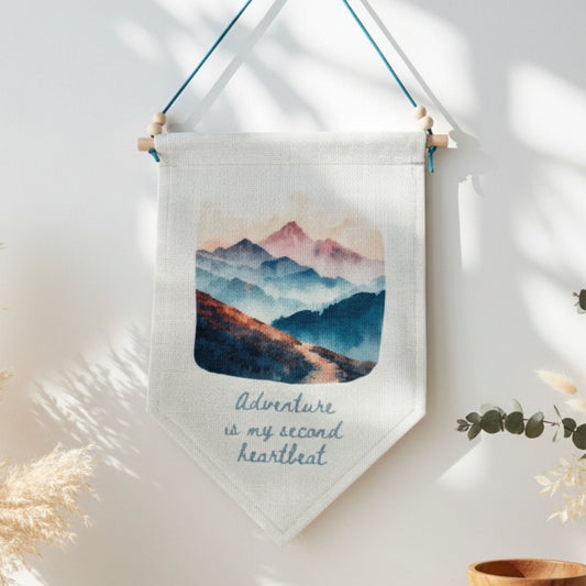 Adventure Is My Second Heartbeat Quote Linen Wall Hanging with Pastel Watercolour Mountains – Boho Home Décor & Outdoor Wall Art