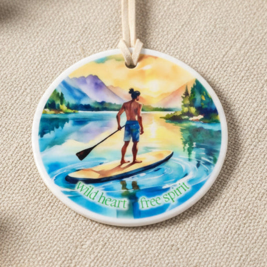 Wild Heart Free Spirit Male "Man Bun" Paddleboarding Ceramic Ornament – Boho Adventure Décor & Gift