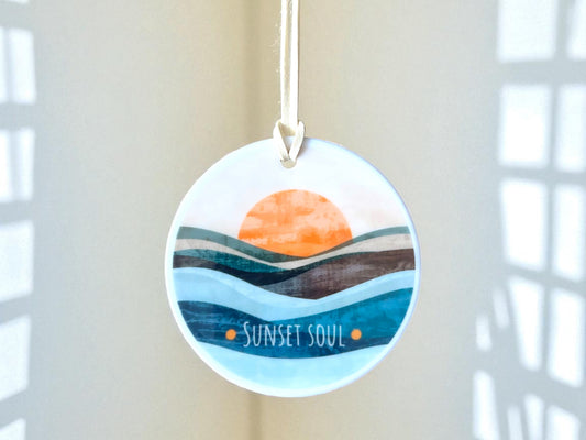 Sunset Soul Ceramic Hanging Ornament – Layered Ocean Sunrise Design | Boho Coastal Wall Décor