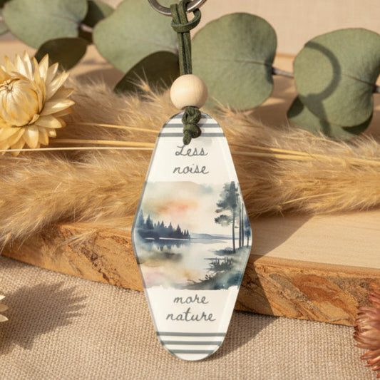 Less Noise, More Nature Keyring – Retro Motel Style Boho Keychain with Watercolour Nature Design, Gift for Outdoor & Nature Lovers