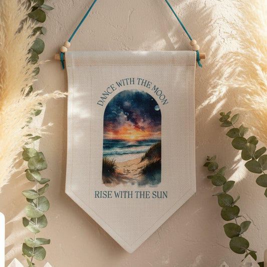 Dance with the Moon Rise with the Sun Linen Pennant Flag – Boho Wall Hanging with Ocean Sunrise & Moon Design, Wooden Rail, Beads & Faux Suede Cord
