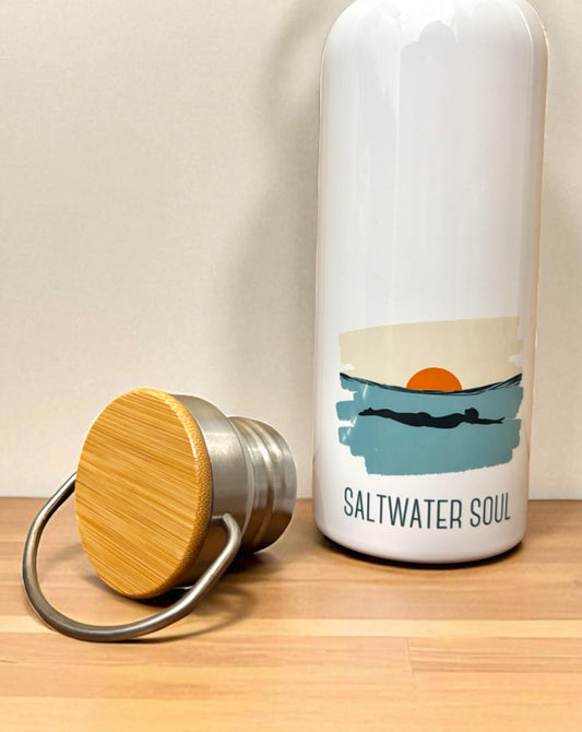 Saltwater Soul Metal Water Bottle – 500ml Stainless Steel Insulated Flask with Silhouette Swimmer & Sun Sea Design