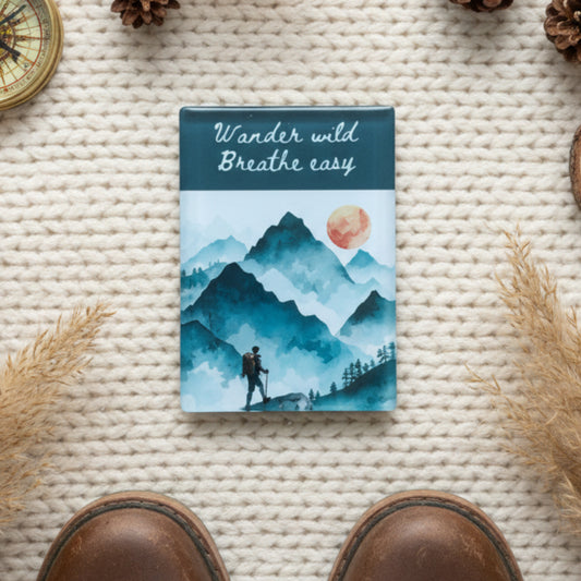 Wander Wild Breathe Easy Glass Magnet – Watercolour Mountain Hiking