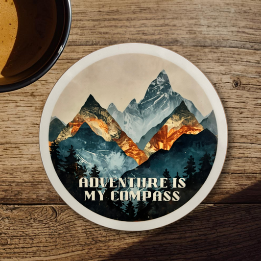 Adventure Is My Compass Round Coaster – Wanderlust Layered Mountains Rugged Design | Outdoor Explorer Décor
