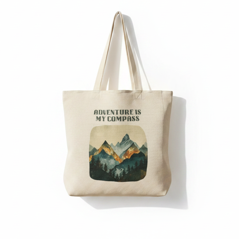 Adventure Is My Compass Tote Bag – Mountain Adventure Linen Shopper