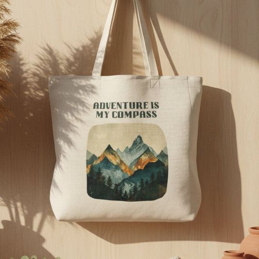 Adventure Is My Compass Tote Bag – Mountain Adventure Linen Shopper
