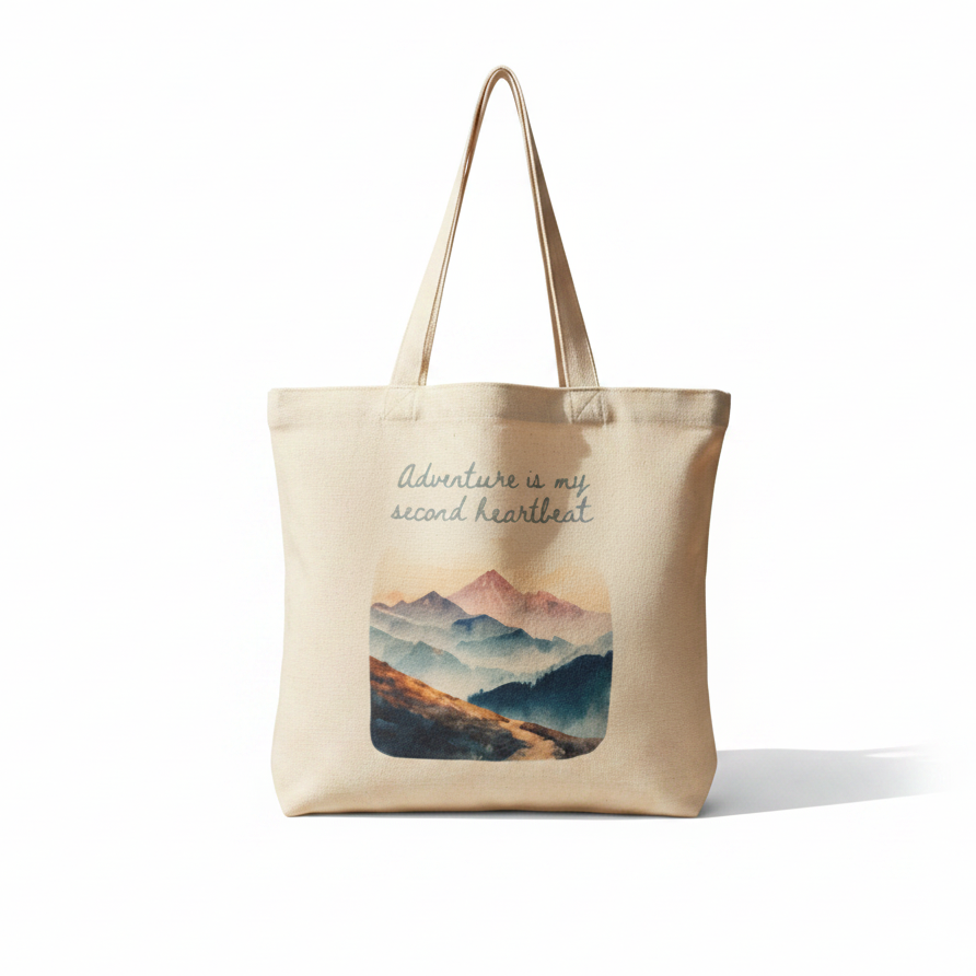 Adventure Is My Second Heartbeat Tote Bag – Pastel Watercolour Mountains