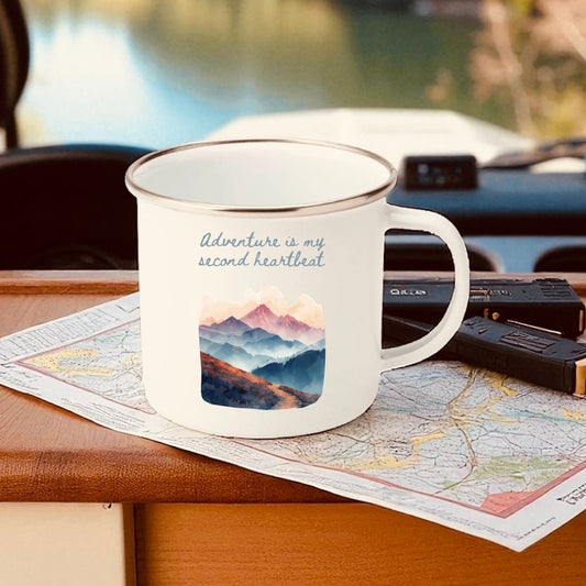 Adventure Is My Second Heartbeat Enamel Mug – 12oz Camping Coffee Cup with Pastel Mountain & Hiking Path Design