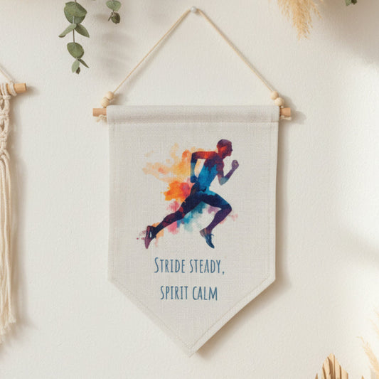 Male Runner Design with “Stride Steady, Spirit Calm” Quote – Boho Home Décor, Running Inspiration Linen Wall Hanging