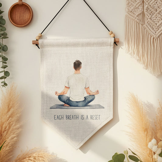 Each Breath Is a Reset Linen Pennant Flag – Yoga Wall Hanging with Male Pose, Wooden Rail, Beads & Faux Suede Cord