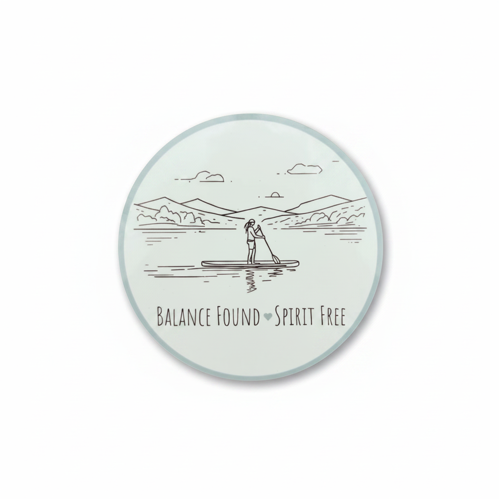Balance Found, Spirit Free Round Coaster – Line Art Paddleboarder SUP Design | Adventure & Mindfulness Décor