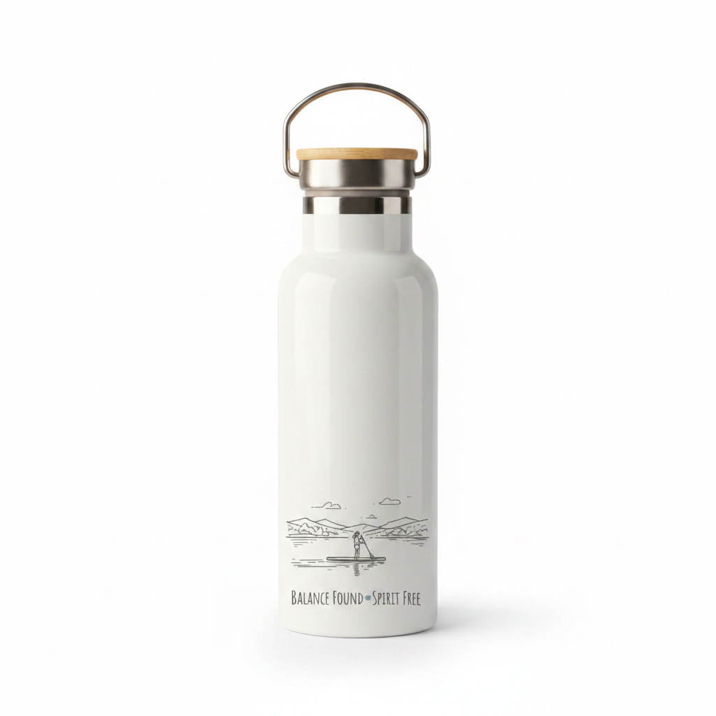 Balance Found Spirit Free Metal Water Bottle – 500ml Stainless Steel Insulated Flask with Line Art Paddleboarder Design