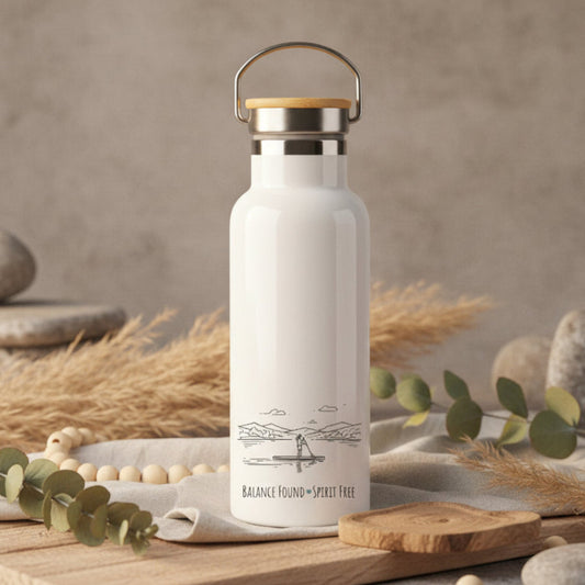 White water bottle with a paddleboard design on.