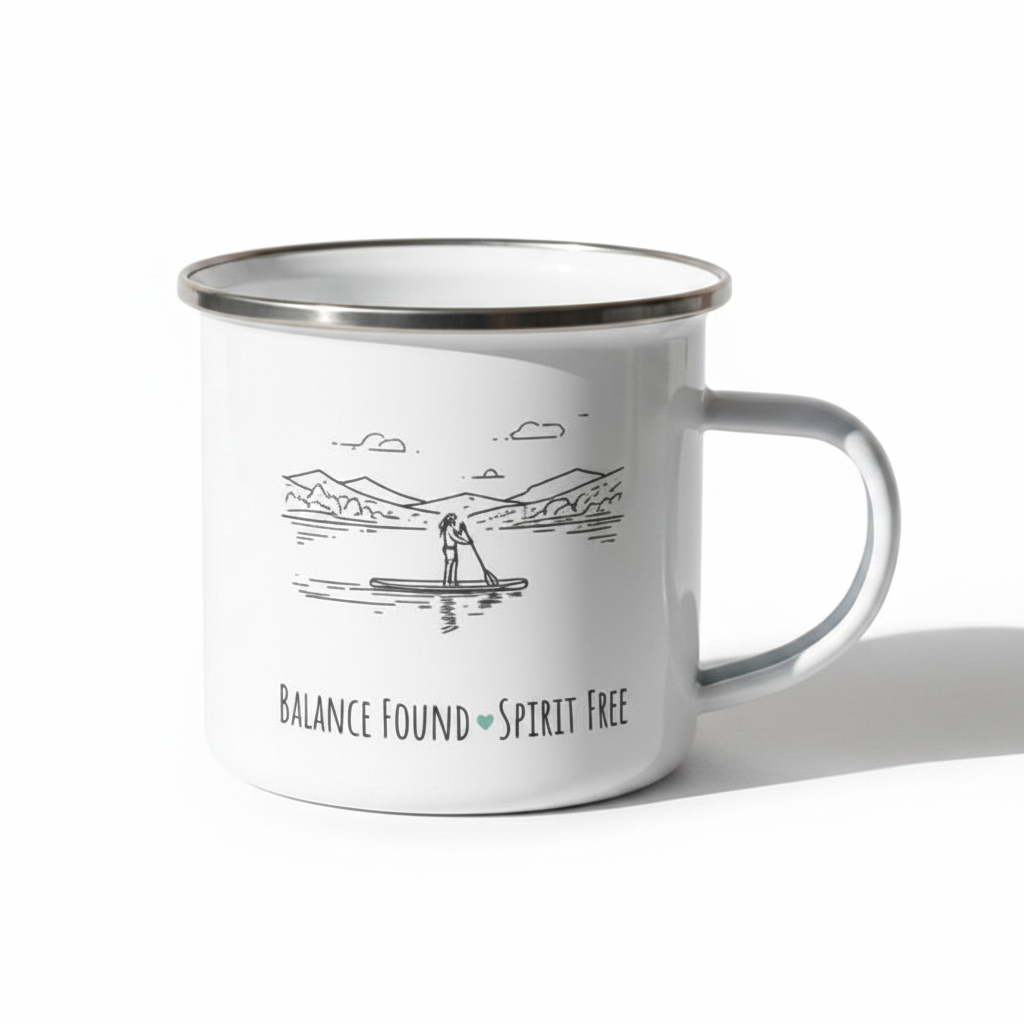 Balance Found Spirit Free Enamel Mug – 12oz Paddleboard Line Art Mug