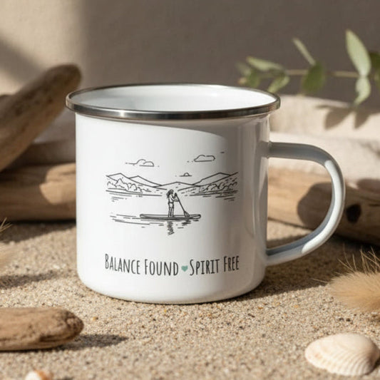 Balance Found Spirit Free Enamel Mug – 12oz Paddleboard Line Art Mug