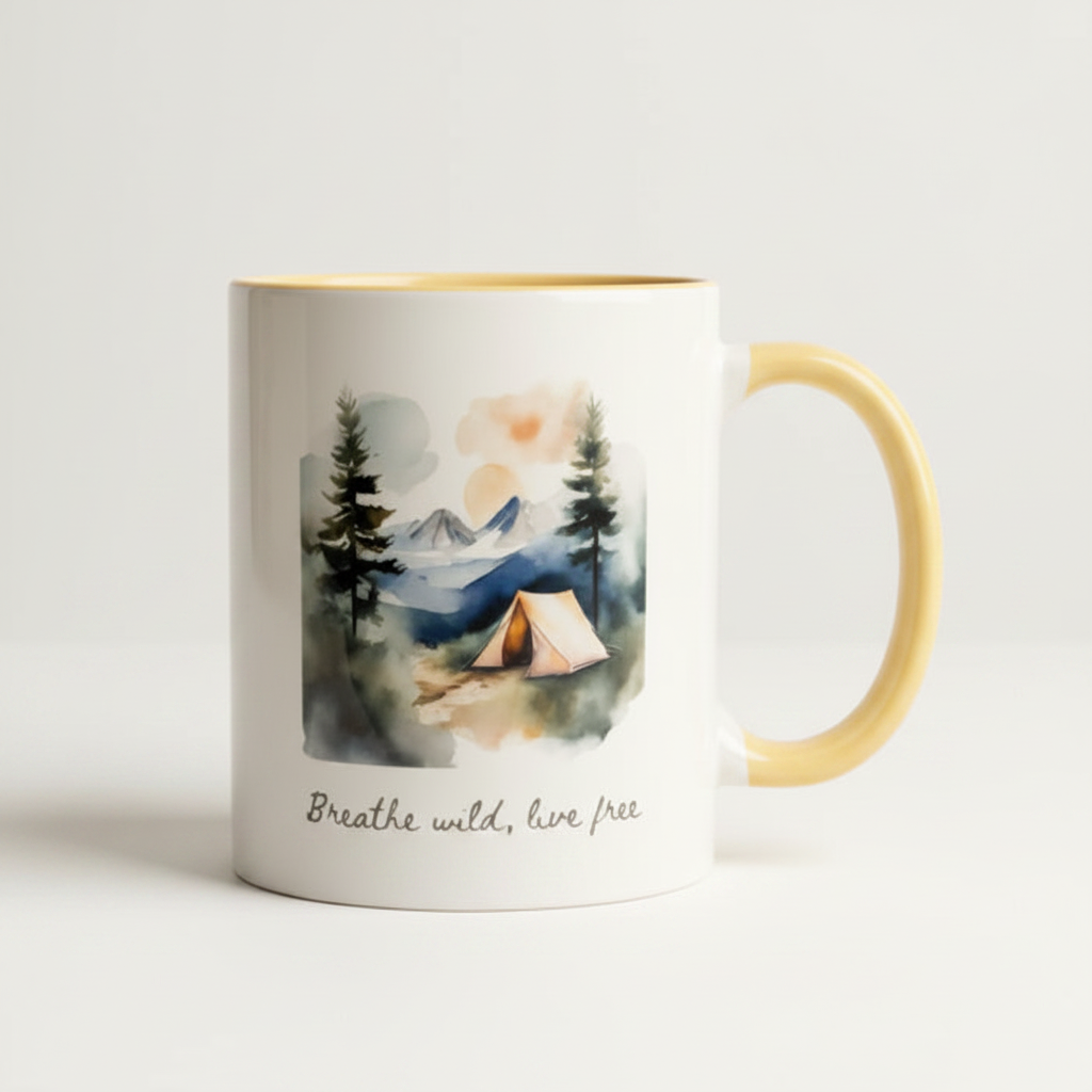 Breathe Wild, Live Free Ceramic Mug – Watercolour Nature Camping Design