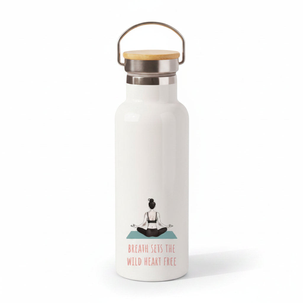 Breath Sets the Wild Heart Free Metal Water Bottle – 500ml Stainless Steel Insulated Flask with Female Yoga Pose Design