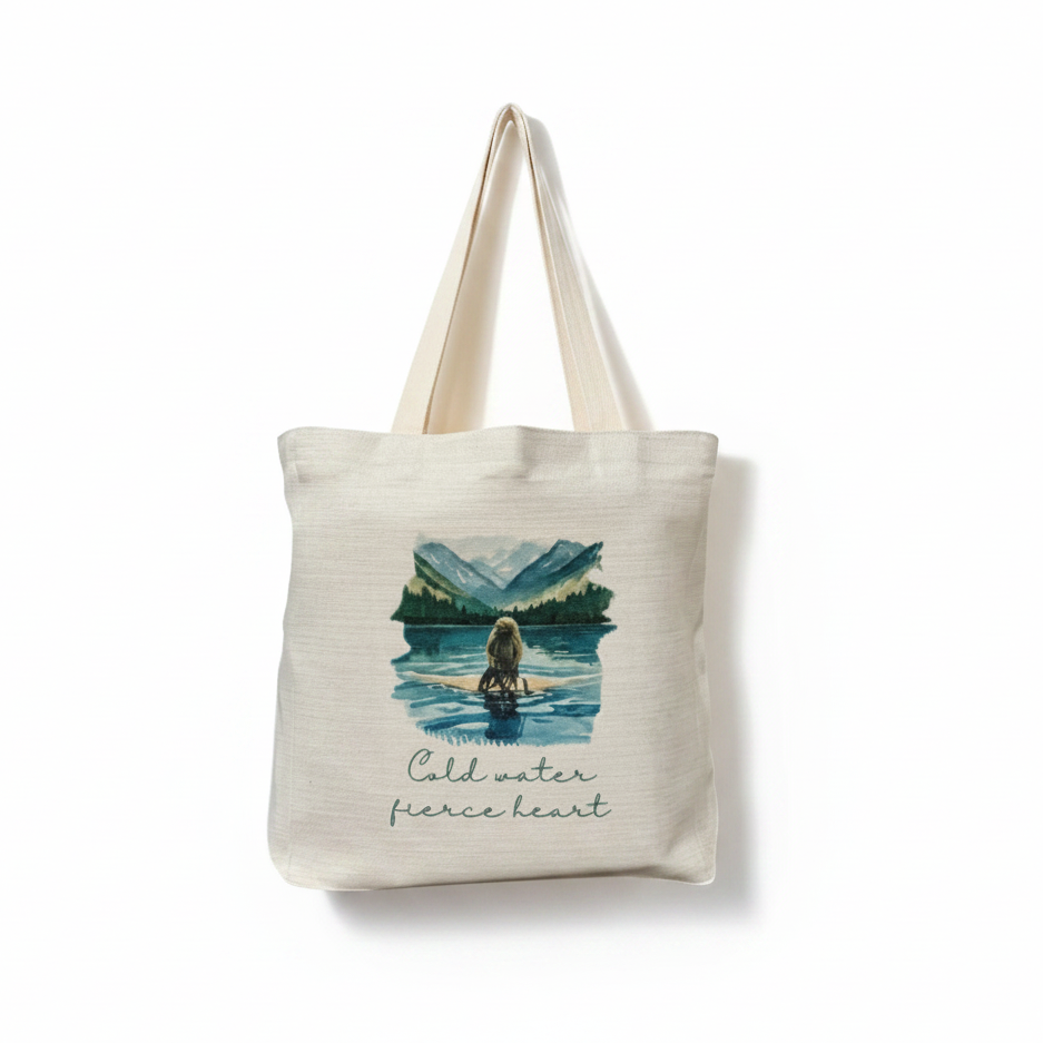 Cold Water Fierce Heart Tote Bag – Wild Female Brunette Hair Swimmer Design