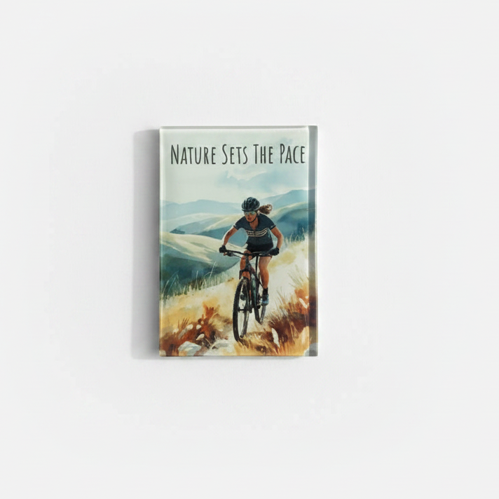 Nature Sets The Pace Glass Magnet – Female Watercolour Mountain Biking