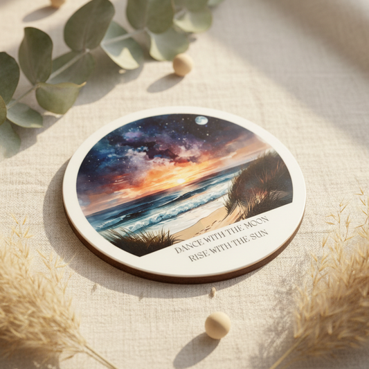 Dance with the Moon, Rise with the Sun Round Coaster – Ocean Night Sky & Sunrise Beach Design | Coastal Boho Décor