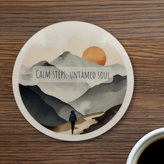 Calm Steps, Untamed Soul Round Coaster – Watercolour Mountain Hiking Design | Wild Heart Free Spirit Décor