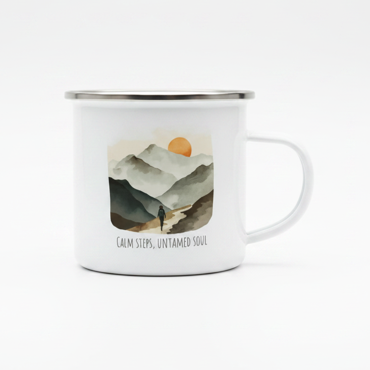 Calm Steps Untamed Soul Enamel Mug – 12oz Watercolour Mountain Mug