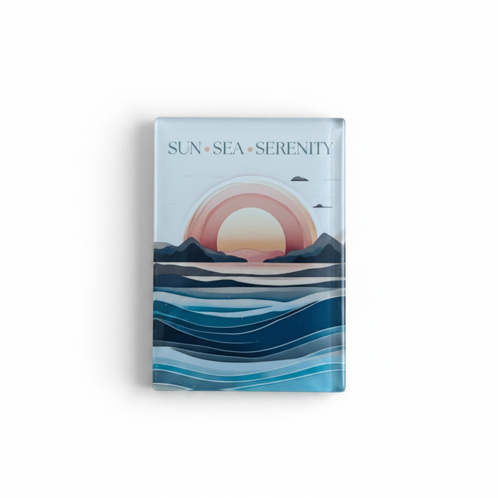 Sun Sea Serenity Glass Magnet – Layered Sun Over Ocean Retro Design
