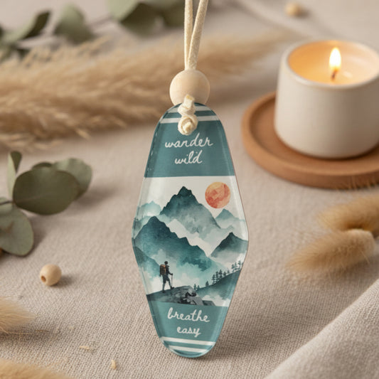 Wander Wild, Breathe Easy Keyring – Retro Motel Style Boho Keychain with Watercolour Mountains, Sun & Hiker Design, Gift for Outdoor Lovers