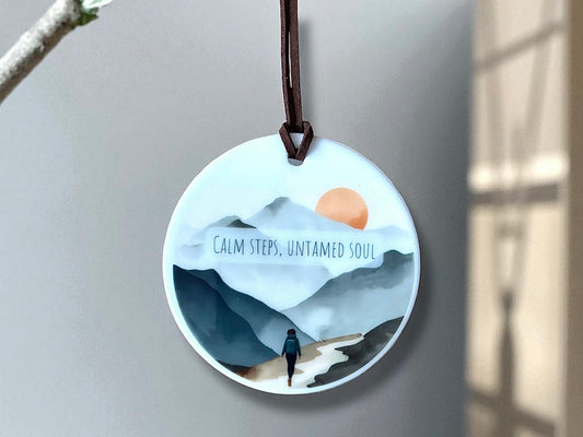 Calm Steps Untamed Soul Ceramic Hanging Ornament – Watercolour Hills with Hiker Design | Boho Adventure Home Décor