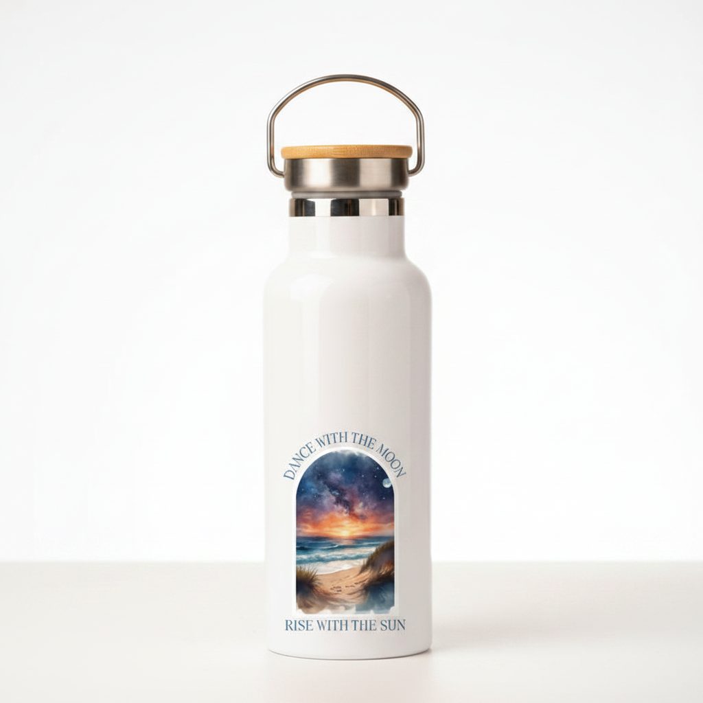 Rise with the Sun Dance with the Moon Metal Water Bottle – 500ml Stainless Steel Insulated Flask with Sun & Moon Beach Design