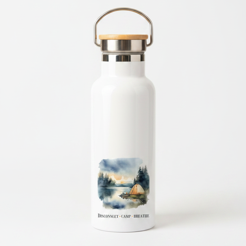 Disconnect Camp Breathe Metal Water Bottle – 500ml Stainless Steel Insulated Flask with Watercolour Camping Design