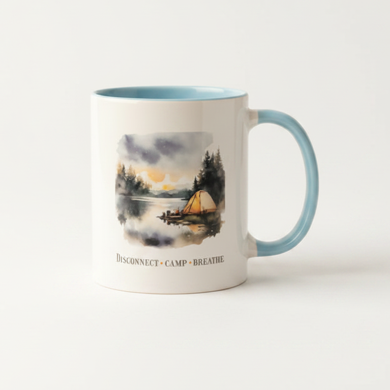 Disconnect Camp Breathe Ceramic Mug – Tent by Lake Design