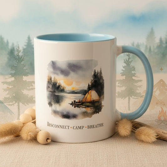 Disconnect Camp Breathe Ceramic Mug – Tent by Lake Design