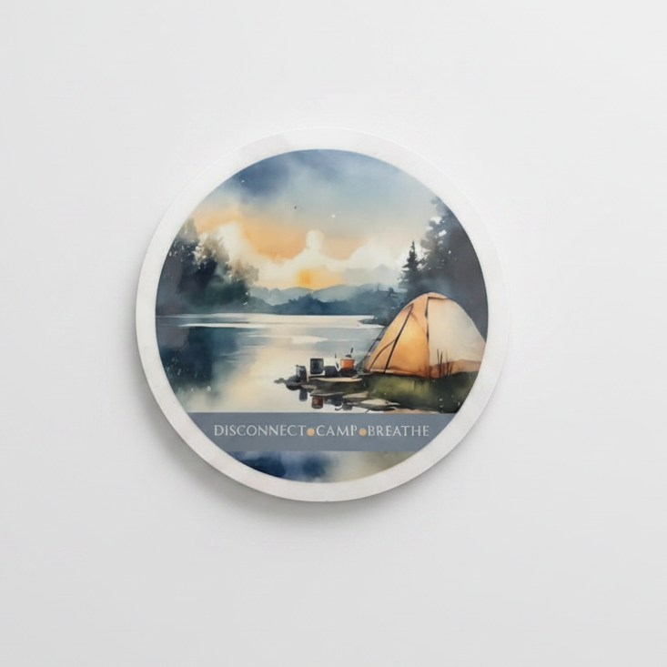 Disconnect, Camp, Breathe Round Coaster – Watercolour Camping in Nature Design | Outdoor Adventure Décor