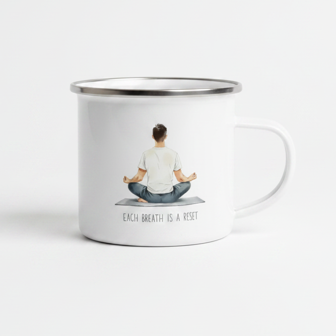 Each Breath Is A Reset Enamel Mug – 12oz Yoga Line Art Mug