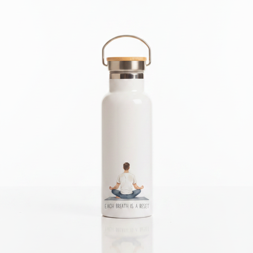 Each Breath Is a Reset Metal Water Bottle – 500ml Stainless Steel Insulated Flask with Male Yoga Pose Design