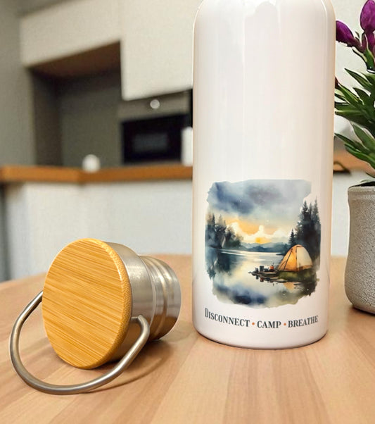 Disconnect Camp Breathe Metal Water Bottle – 500ml Stainless Steel Insulated Flask with Watercolour Camping Design