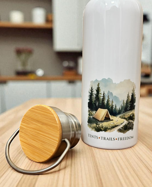 Tents Trails Freedom Metal Water Bottle – 500ml Stainless Steel Insulated Flask with Watercolour Camping Design