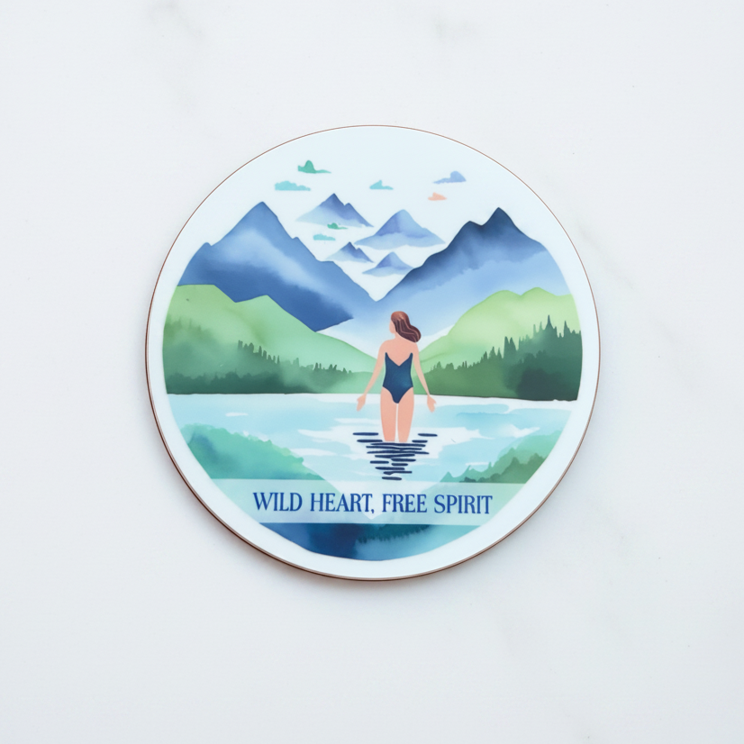 Wild Heart Free Spirit Round Wooden Coaster – Wild Swimming Watercolour Design