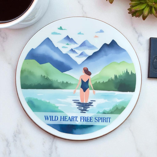 Wild Heart Free Spirit Round Wooden Coaster – Wild Swimming Watercolour Design