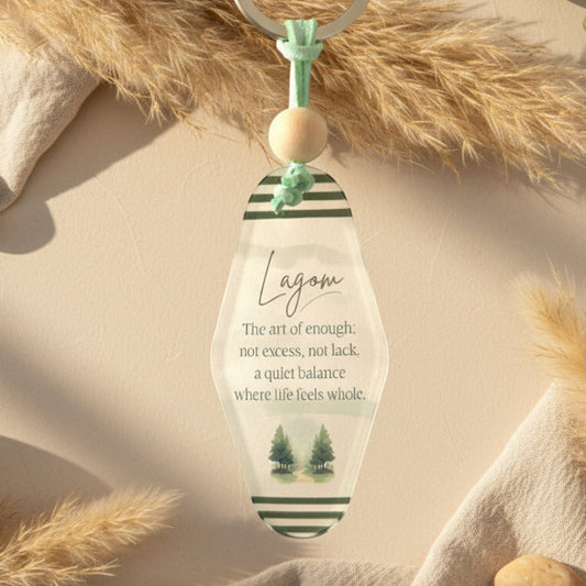 Lagom Boho Motel Style Acrylic Keyring – Scandinavian Swedish Quote Keychain with Definition