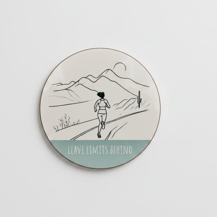 Leave Limits Behind Round Coaster – Female Runner Line Art Design | Motivational Fitness Décor