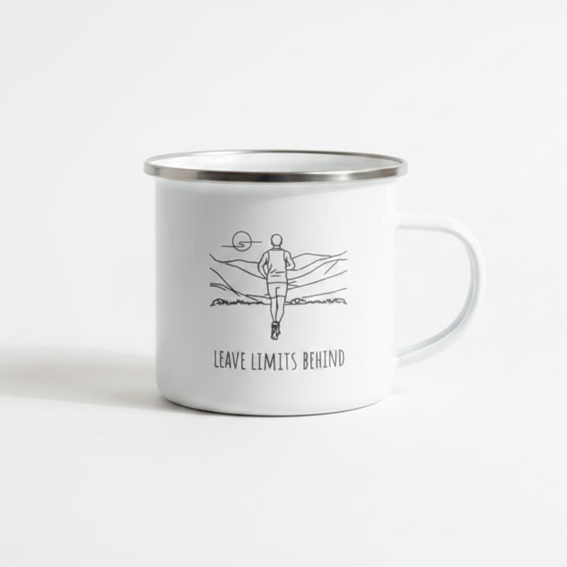 Leave Limits Behind Enamel Mug – 12oz Male Runner Line Art Mug